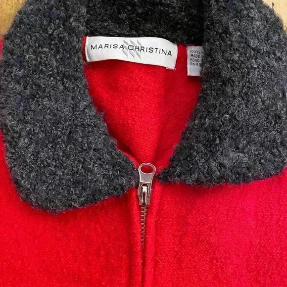 Marisa Christina Women’s Wool 100% Zip Up  Outer Sweater Holiday Red Blk Fluff M - Picture 4 of 16